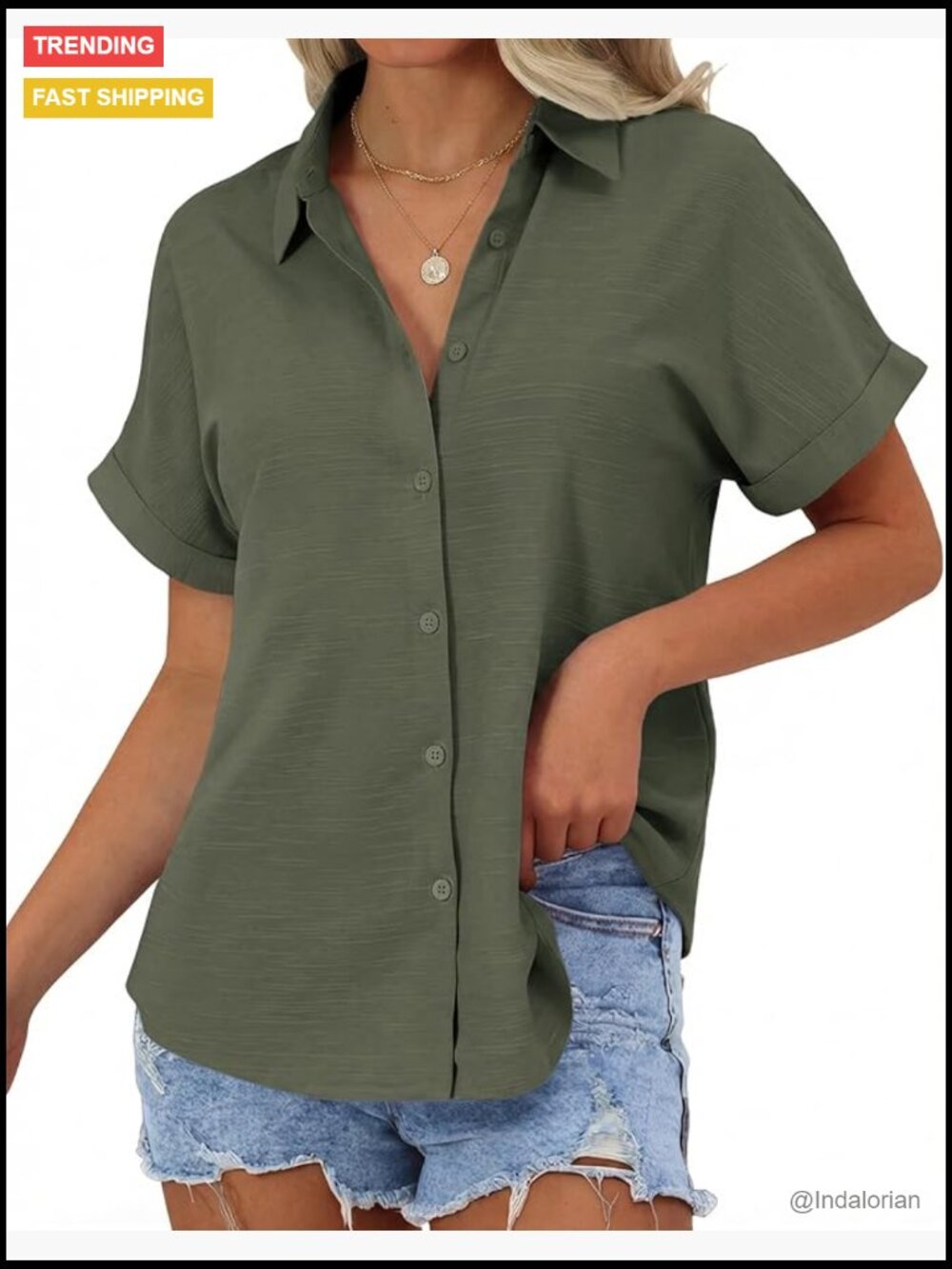 Cotton Short Sleeve Button Down Shirt Casual Blouse Summer Top